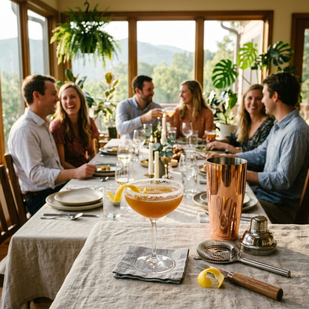 A classic Sidecar with a half sugar rim and long lemon twist on a sunlit table set for an evening gathering