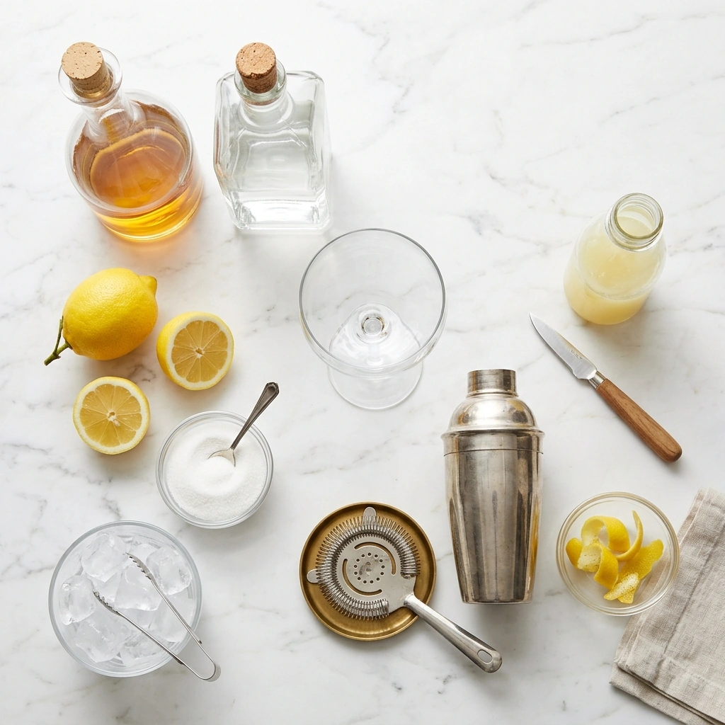Sidecar ingredients on marble: a bottle of Cognac, orange liqueur, fresh lemons, and fine sugar beside a coupe glass