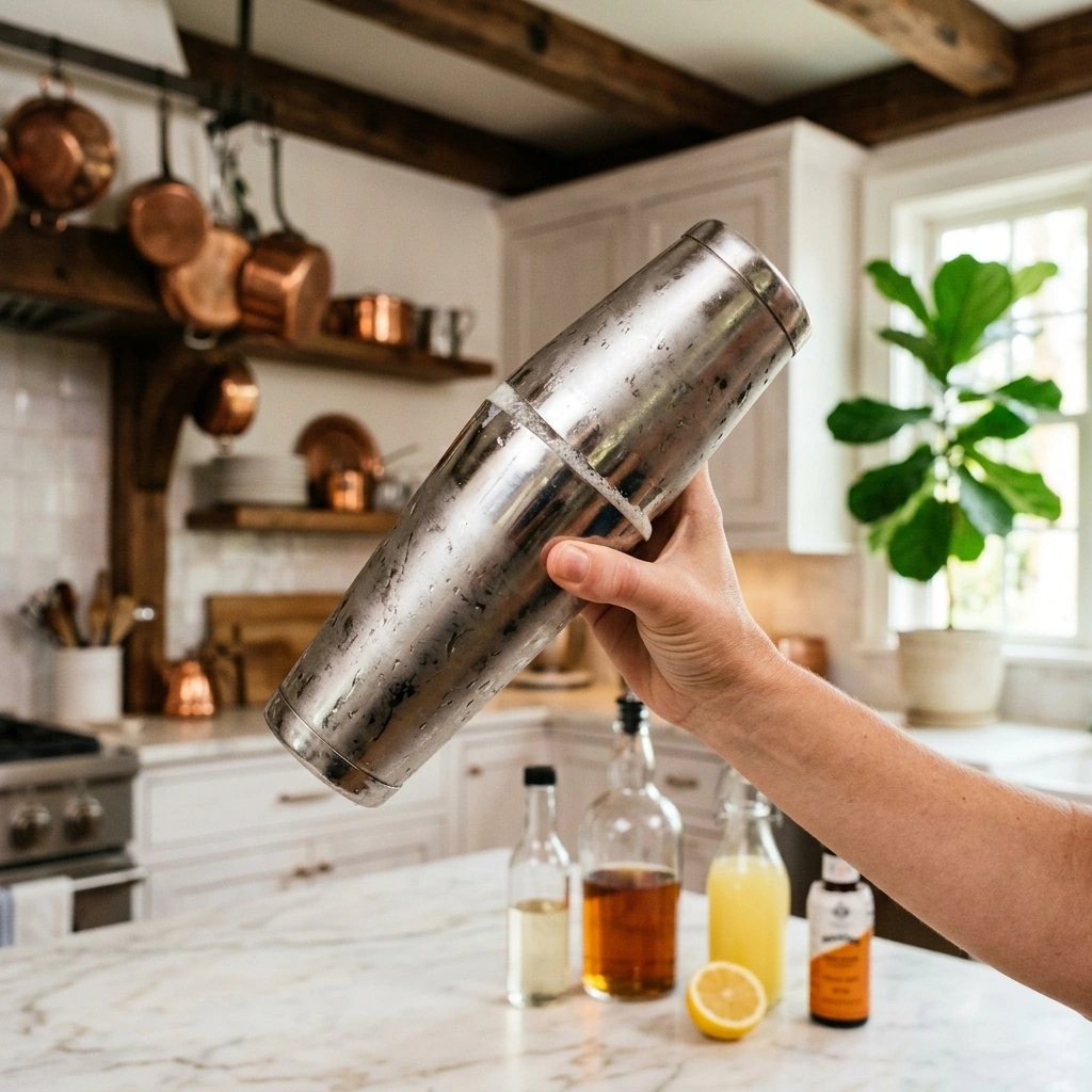 A whiskey sour being dry-shaken to build a silky foam, bourbon and fresh lemon on the counter behind