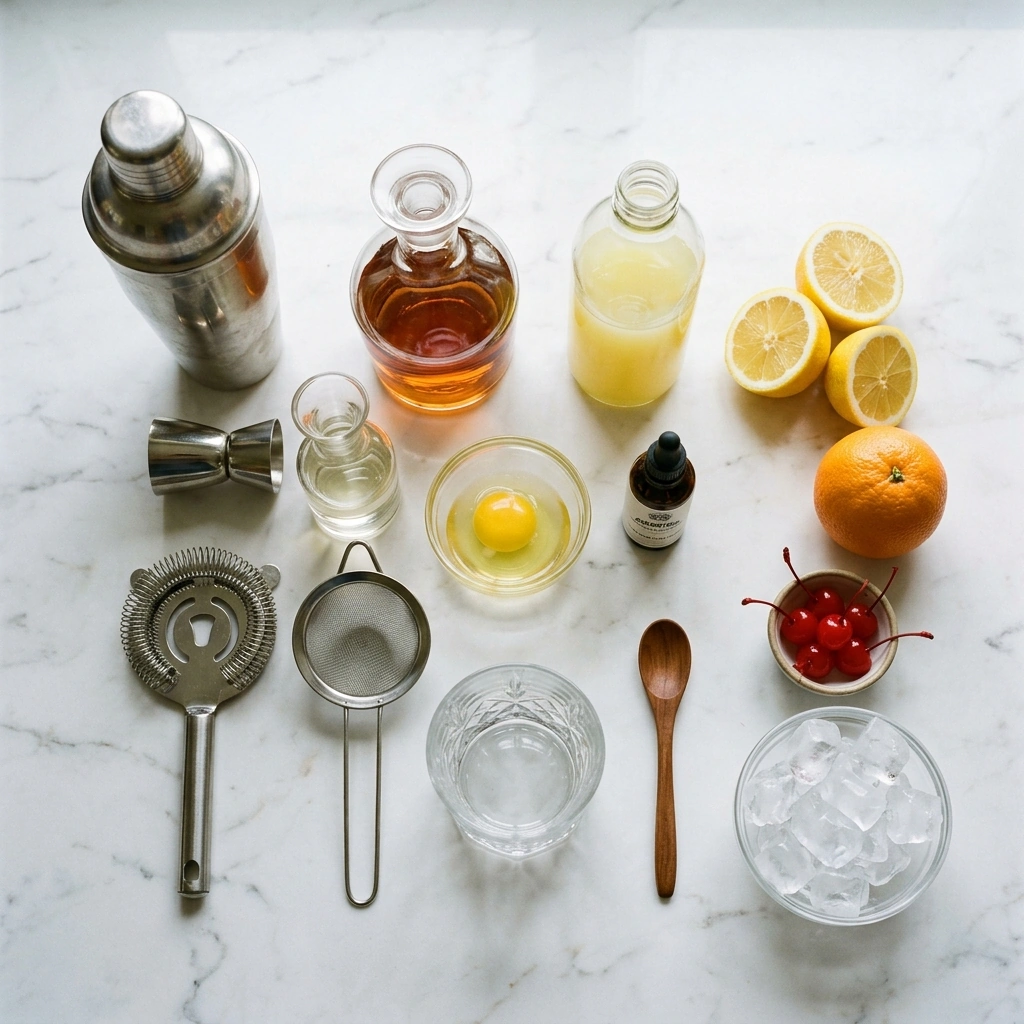 Whiskey Sour ingredients on marble: bourbon, fresh lemons, simple syrup, an egg, and Angostura bitters beside a coupe glass