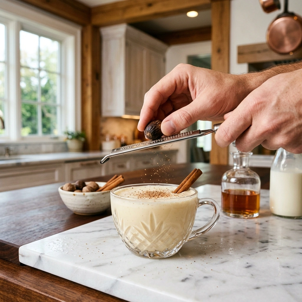 Fresh nutmeg being grated over a cup of creamy eggnog punch, cinnamon sticks and candied orange nearby