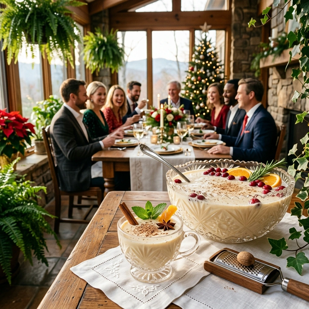 A crystal punch bowl of eggnog with cinnamon sticks and candied orange amid evergreen and candlelight on a holiday table