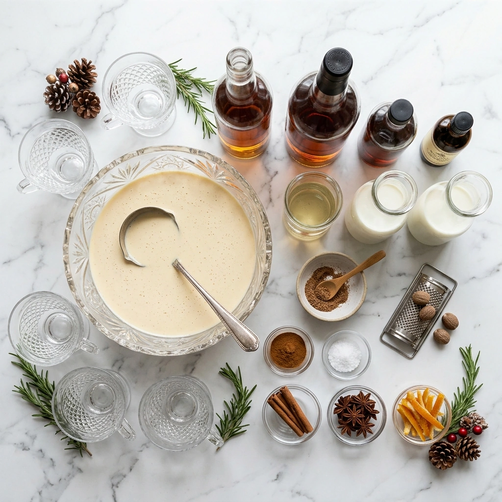 Eggnog punch ingredients on marble: eggnog, heavy cream, vanilla, whole nutmeg, cinnamon sticks, and candied orange peel