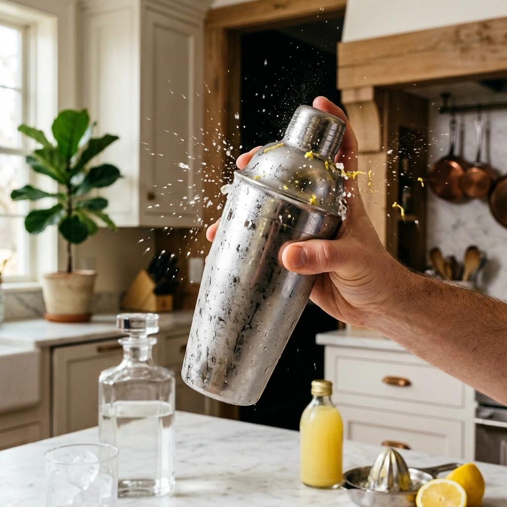 A chilled French 75 being topped with sparkling Champagne in a flute, bubbles rising through the pale gold cocktail
