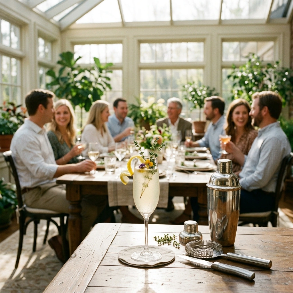 Two French 75 cocktails in chilled flutes with long lemon twists, set on a sunlit table before an evening gathering