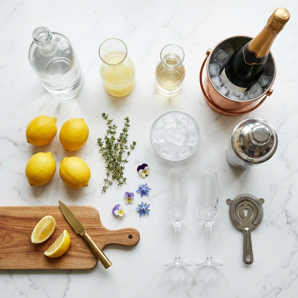French 75 ingredients on marble: gin, fresh lemons, simple syrup, and a chilled bottle of Champagne beside two flutes
