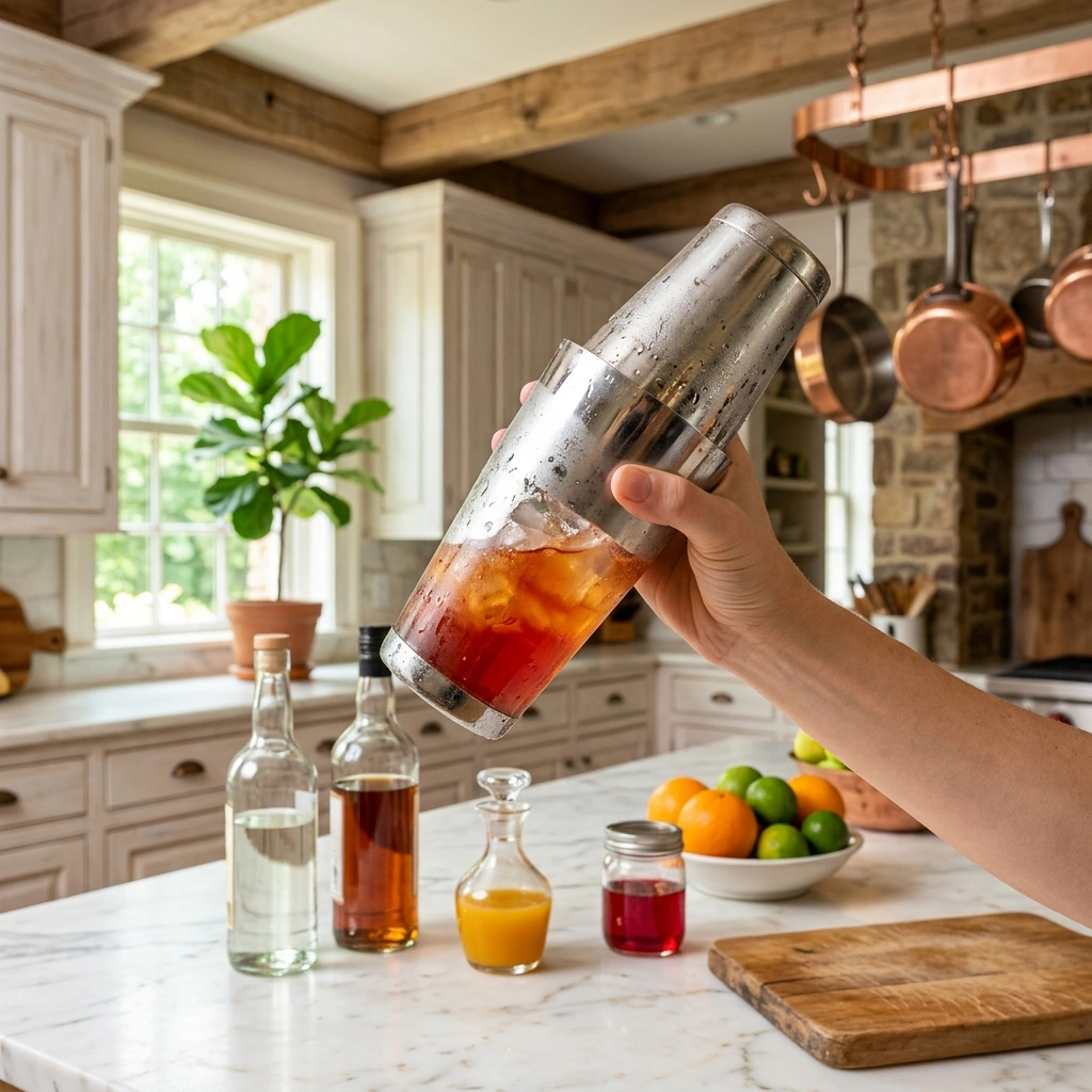 A passion fruit rum cocktail being shaken with ice, oranges and limes on the counter