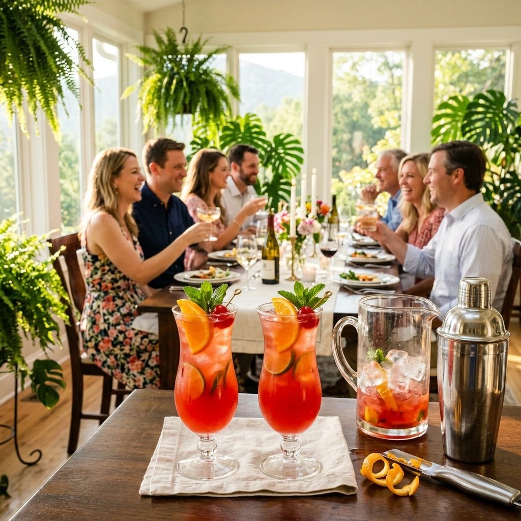 French Quarter Hurricanes in tall glasses with orange wheels, cherries, and mint on a festive sunlit table