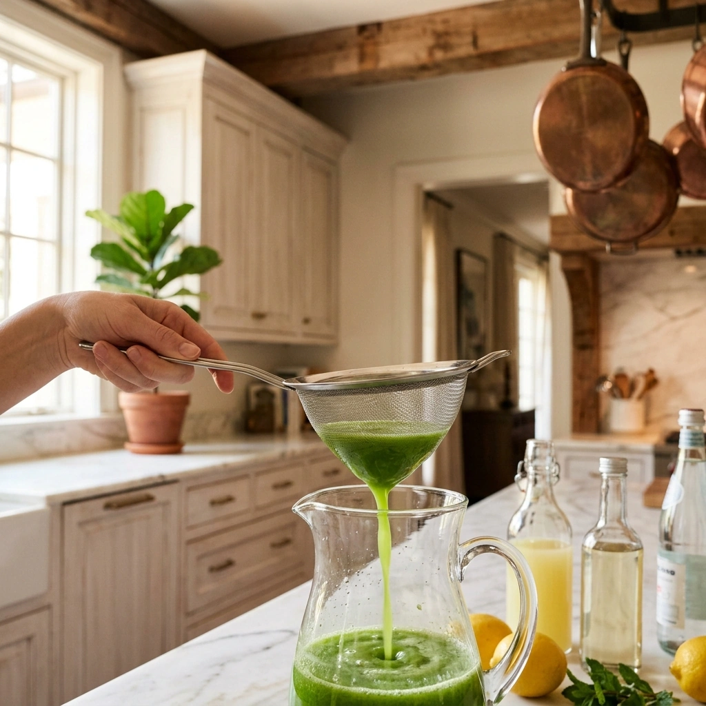 Fresh cucumber juice being strained through a fine sieve into a pitcher, lemons and mint alongside