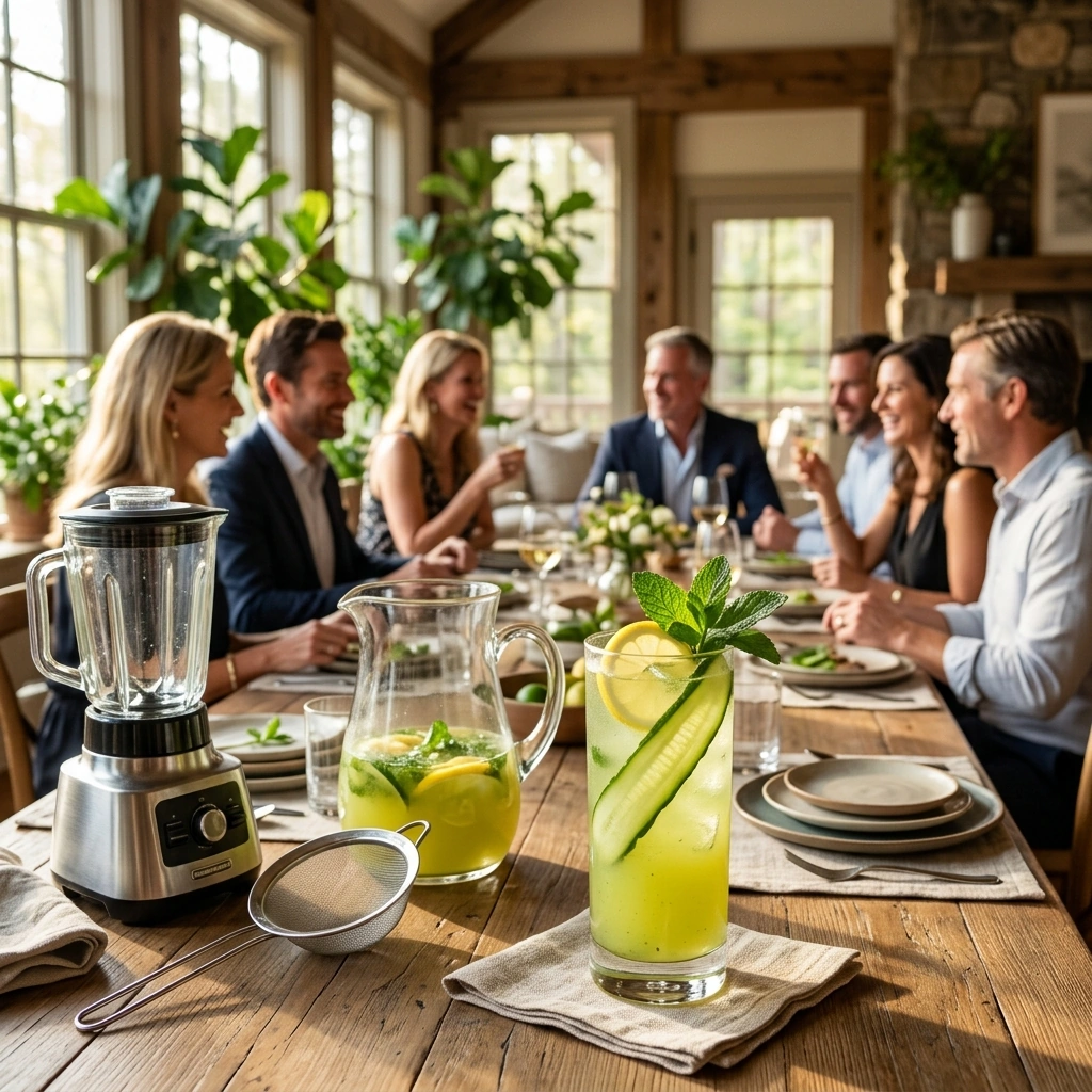 Tall Garden Sparklers with cucumber ribbons, lemon wheels, and mint on a sunlit table set for an evening gathering