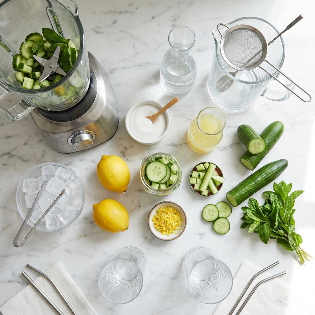 Garden Sparkler ingredients on marble: English cucumbers, fresh lemons, simple syrup, sparkling water, and mint
