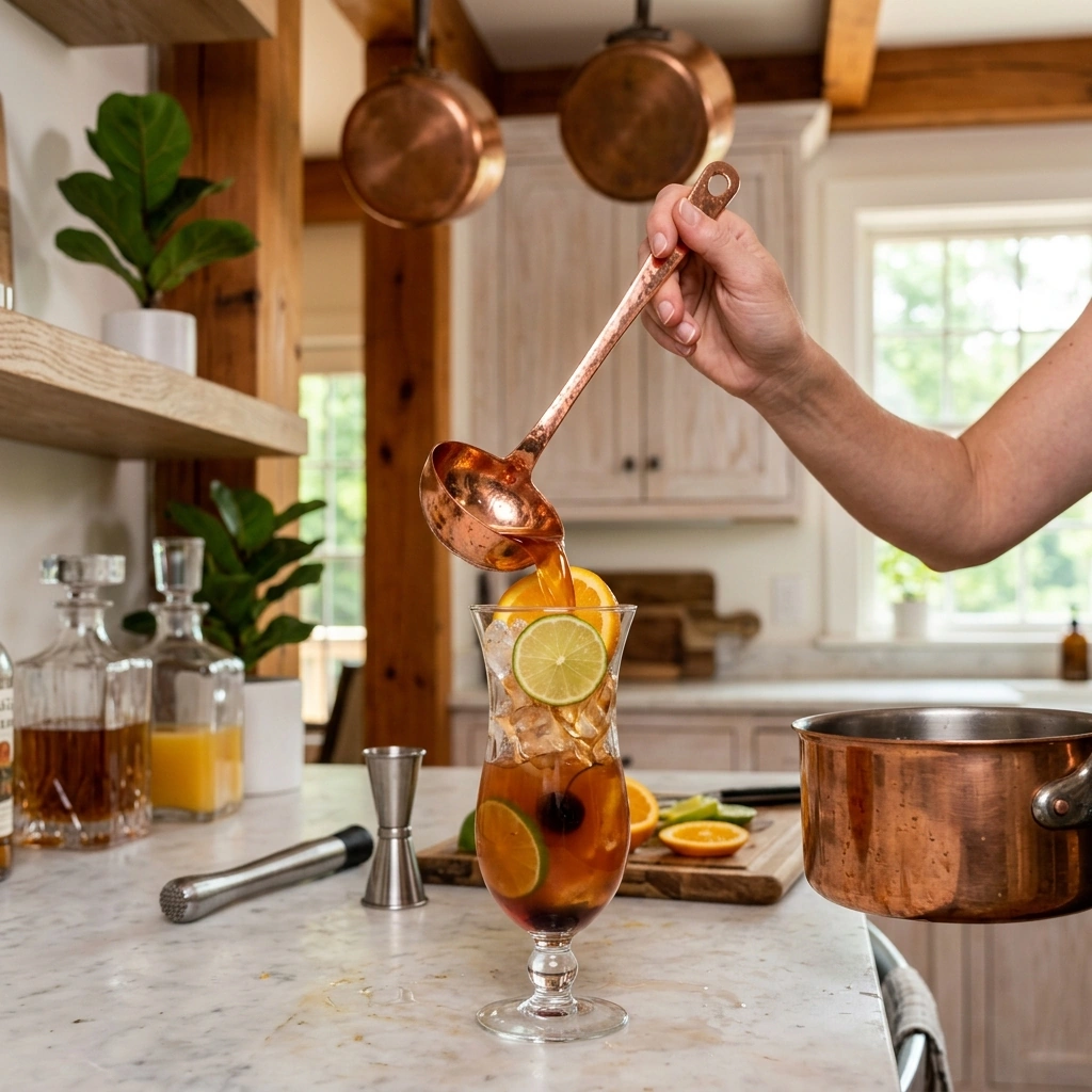 Tropical rum punch being ladled over ice into a tall glass, citrus wheels and cherries floating in the dispenser
