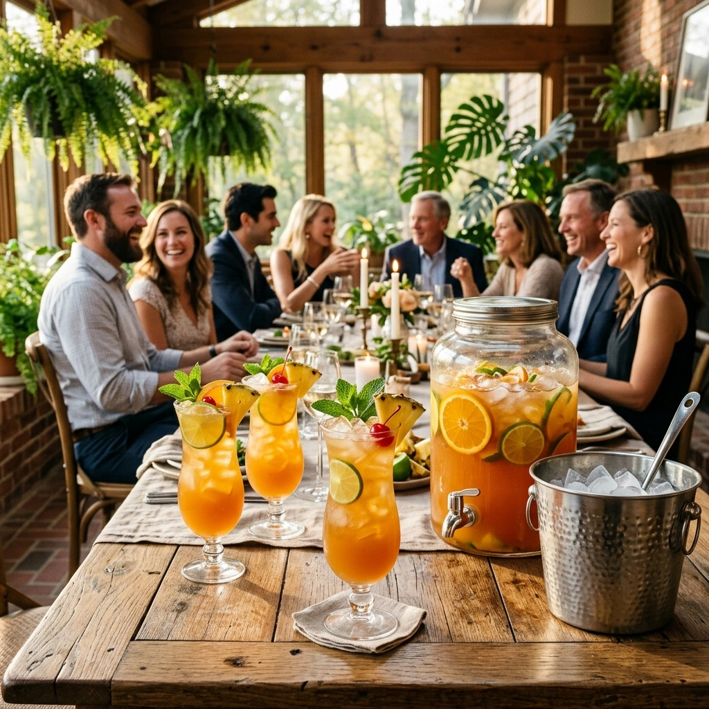 A dispenser and tall glasses of tropical rum punch with citrus and cherries on a sunlit table set for a cookout