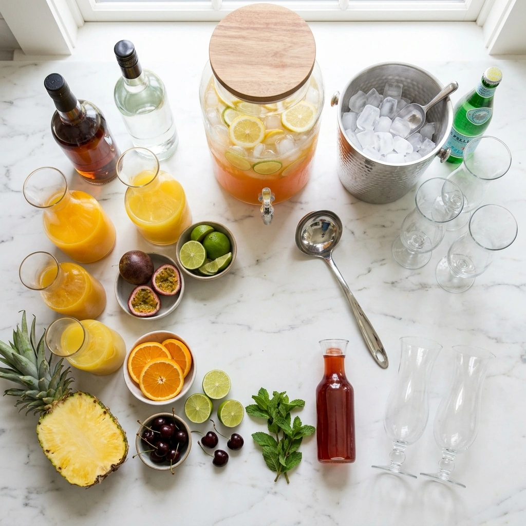 Hurricane Brew ingredients on marble: orange, pineapple, and passion fruit juices, dark and light rum, limes, and fresh cherries