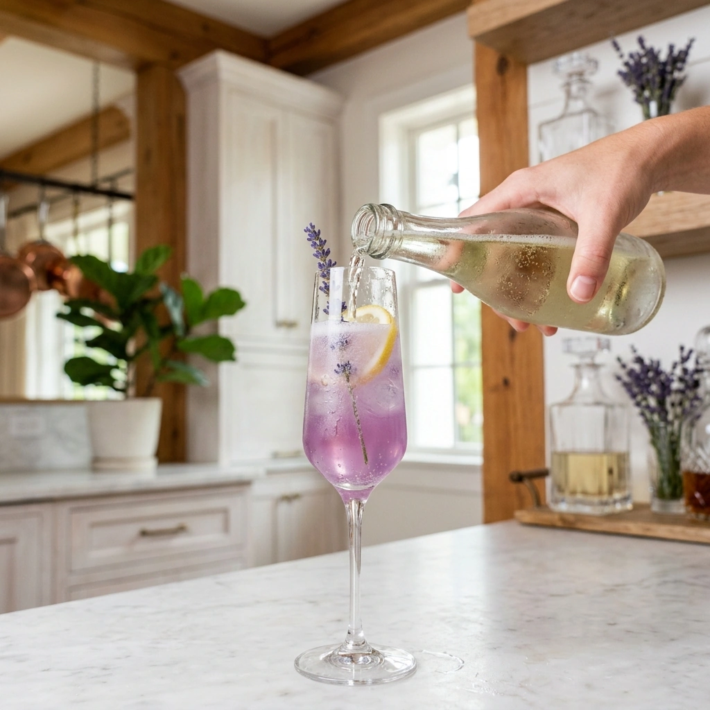 Sparkling wine being poured slowly into a flute of lavender lemonade, bubbles rising through the pale drink
