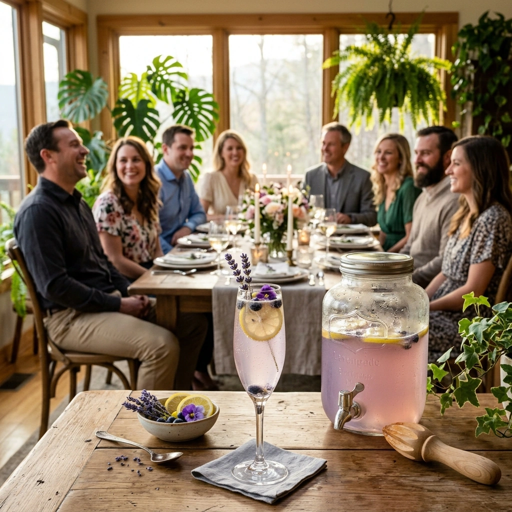 Lavender lemonade mimosas garnished with lemon and lavender on a sunlit table set for a spring luncheon