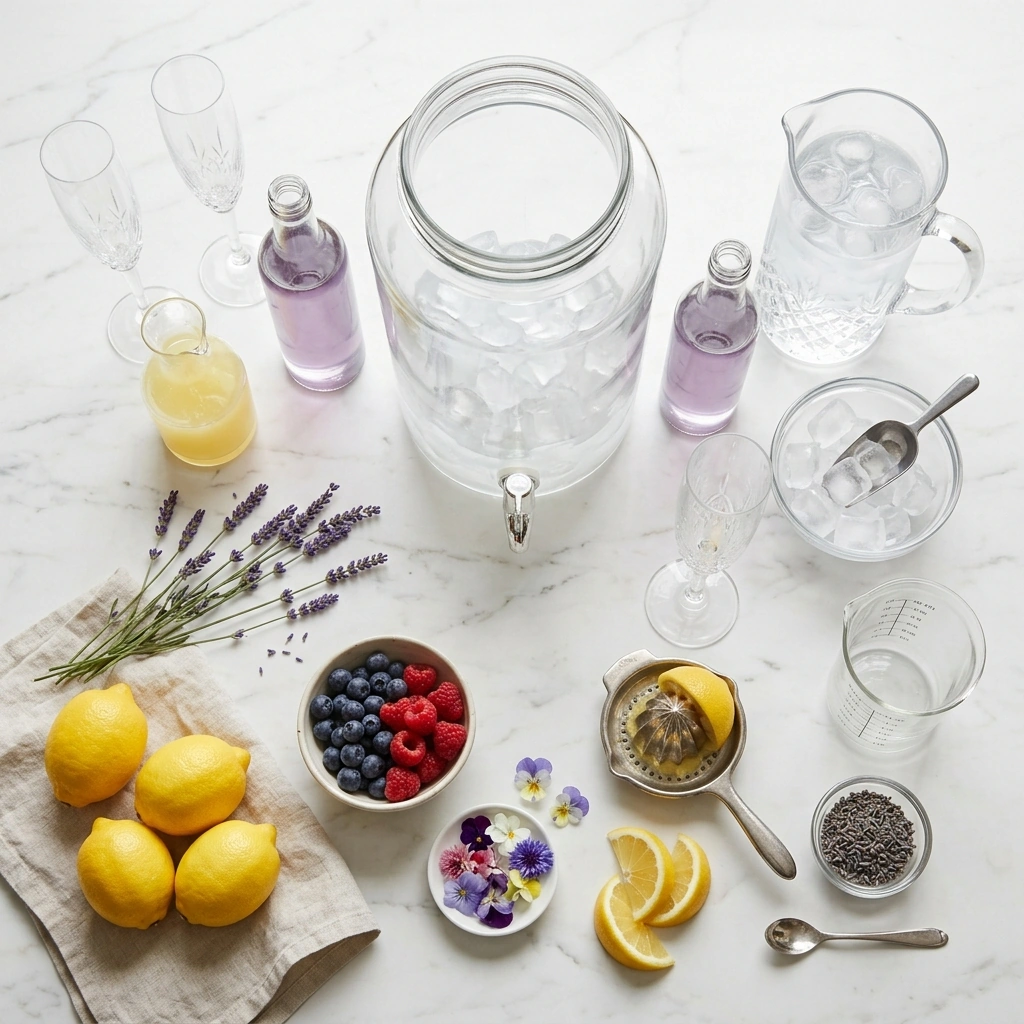 Lavender lemonade mimosa ingredients on marble: fresh lemons, lavender syrup, sparkling wine, berries, and lavender sprigs