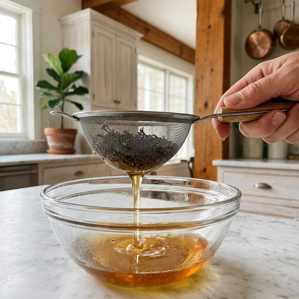 Lavender simple syrup being strained through a fine sieve into a glass, dried lavender and Meyer lemons nearby