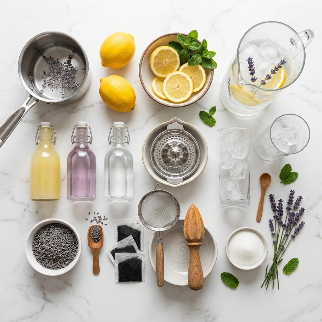 Ingredients for Meyer lemon lavender tea on marble: black tea, Meyer lemons, dried culinary lavender, sugar, and fresh mint