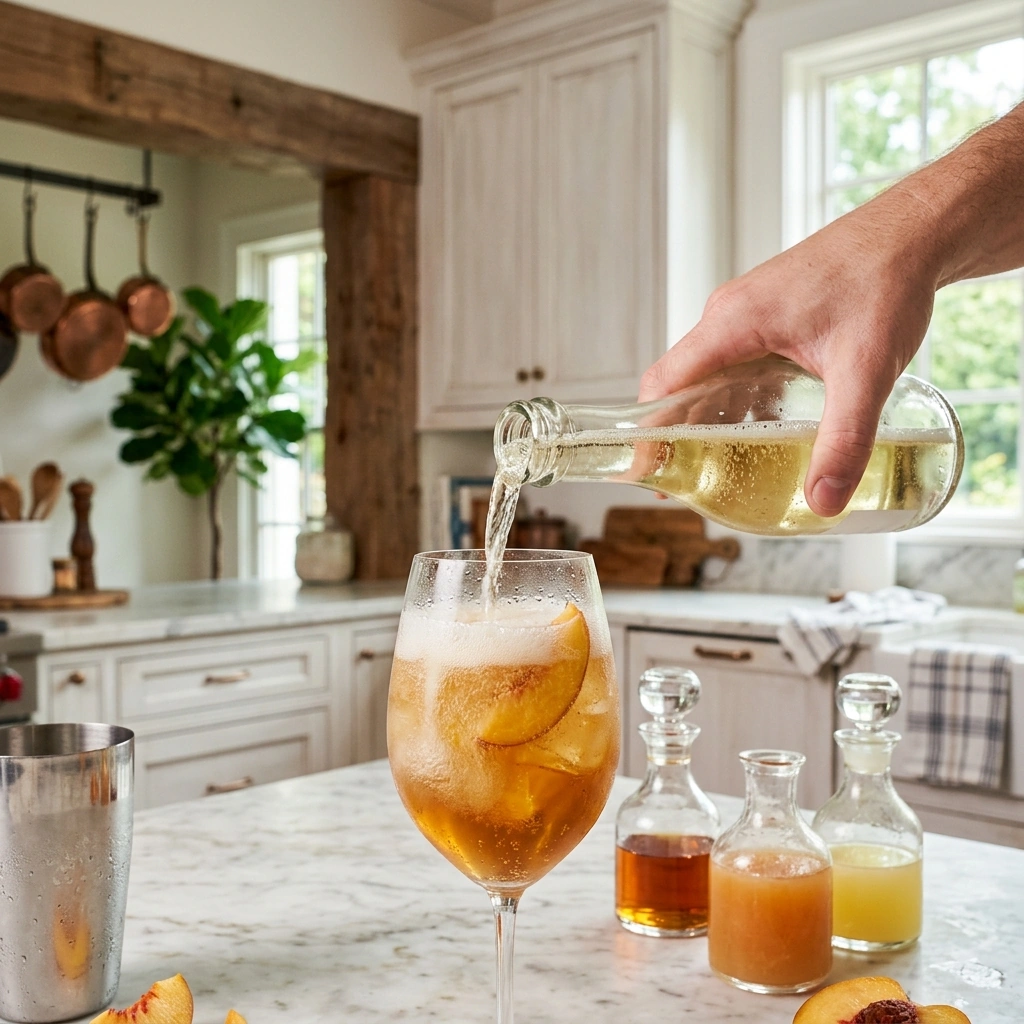 A peach bourbon cocktail in a goblet being topped with sparkling Prosecco, fresh peach slices nearby