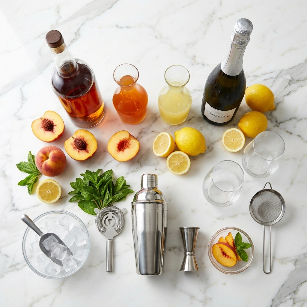 Peach Bourbon Sparkler ingredients on marble: bourbon, peach syrup, fresh lemon, Prosecco, and ripe peach slices