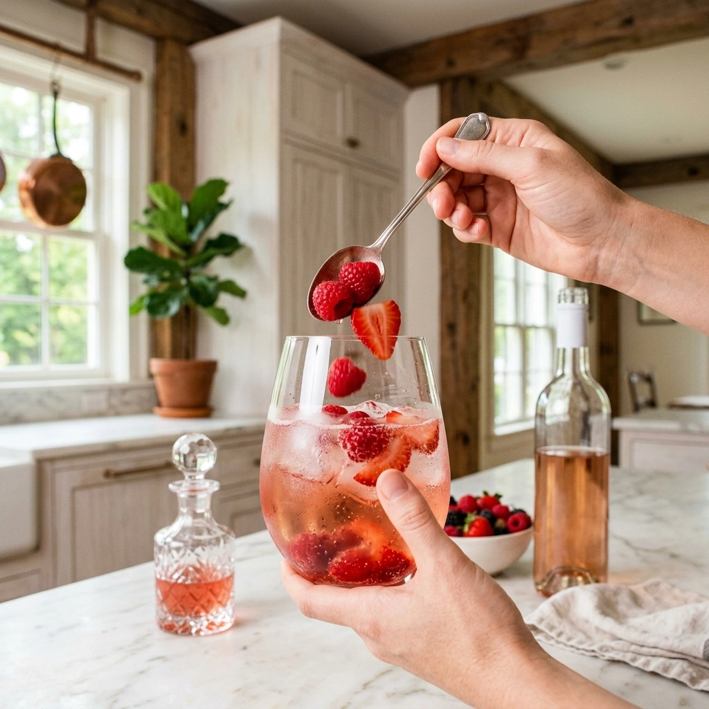 Fresh berries being spooned into a wine glass of pink ros&eacute; sparkler over ice