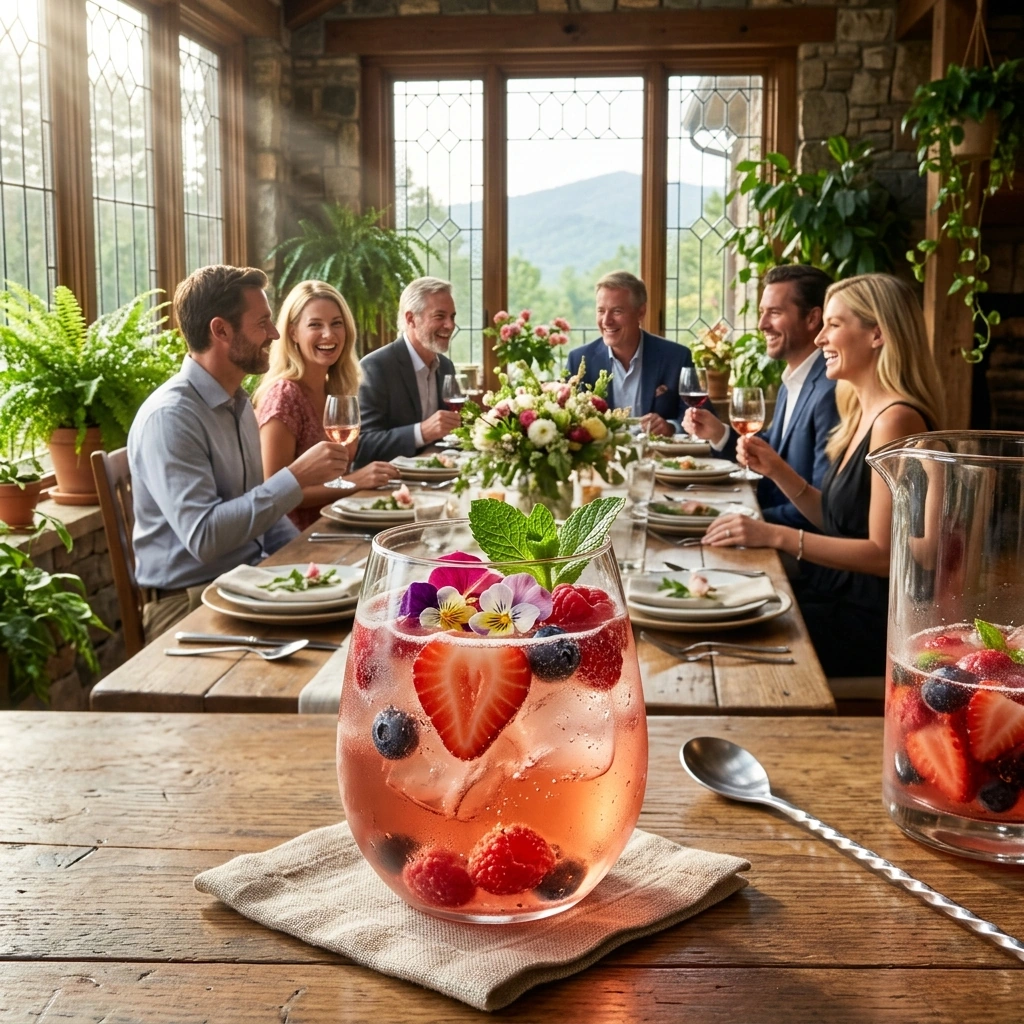 Ros&eacute; berry sparklers filled with fresh berries and edible flowers on a sunlit table set for an afternoon gathering