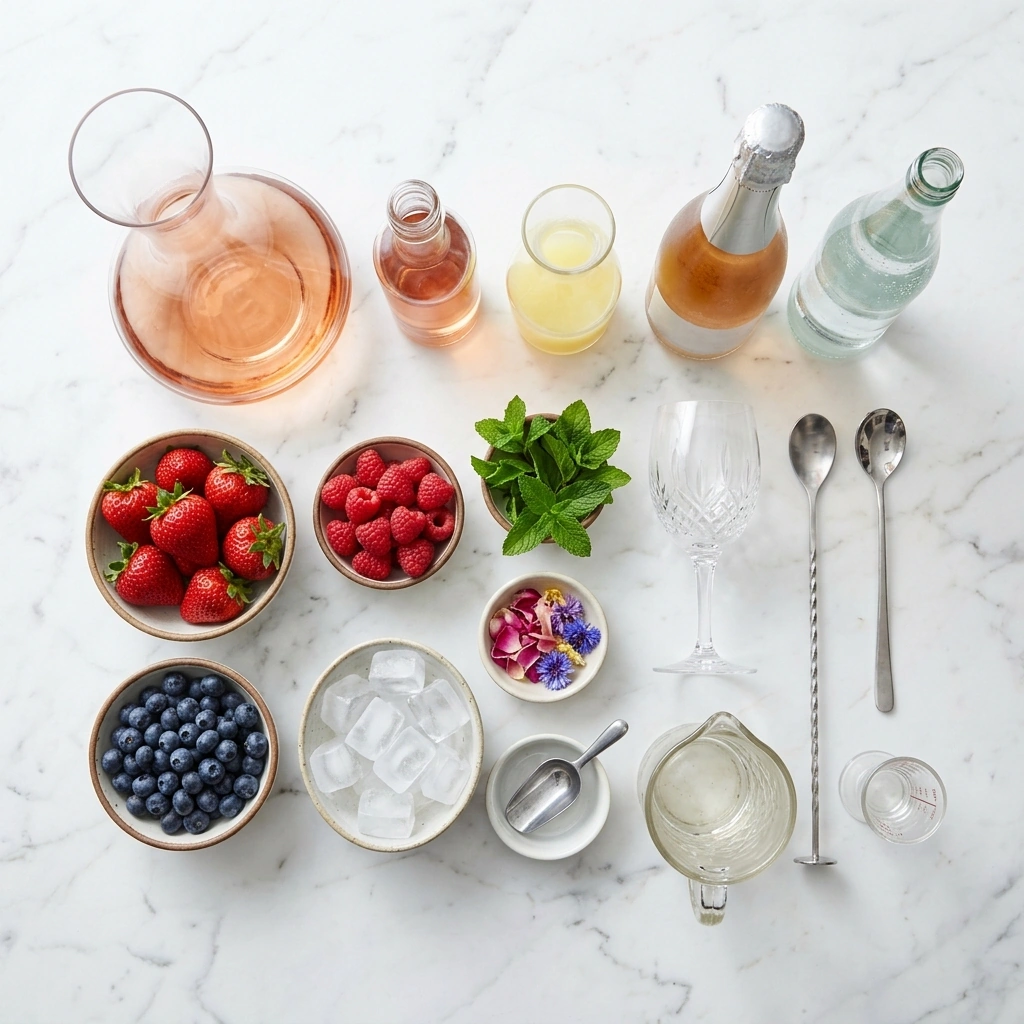 Ros&eacute; Berry Sparkler ingredients on marble: a bottle of dry ros&eacute;, rose syrup, fresh lemon, Prosecco, strawberries, raspberries, and blueberries