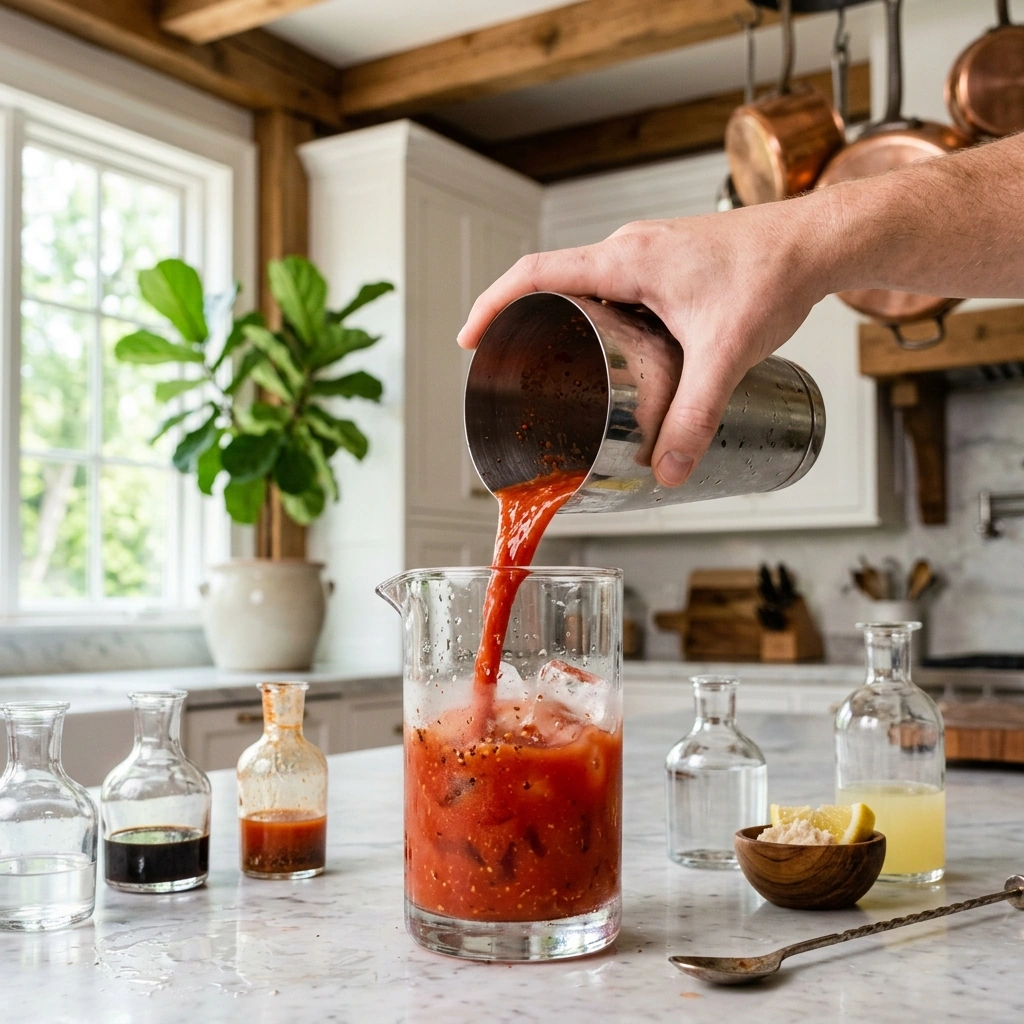 A vibrant red Bloody Marie being rolled between two tins over fresh ice in a bright home kitchen