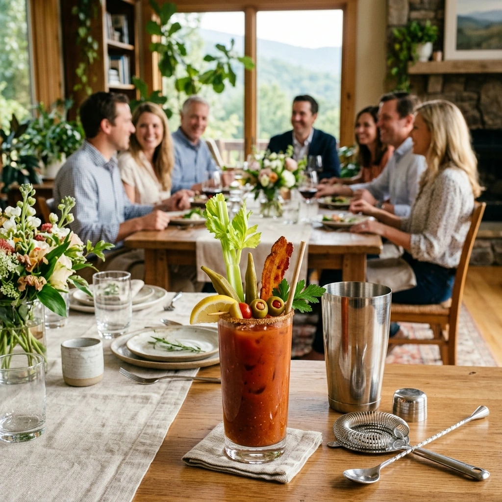 A finished Spicy Bloody Marie loaded with celery, pickled okra, olives, and crisp bacon on a sun-lit table set for brunch
