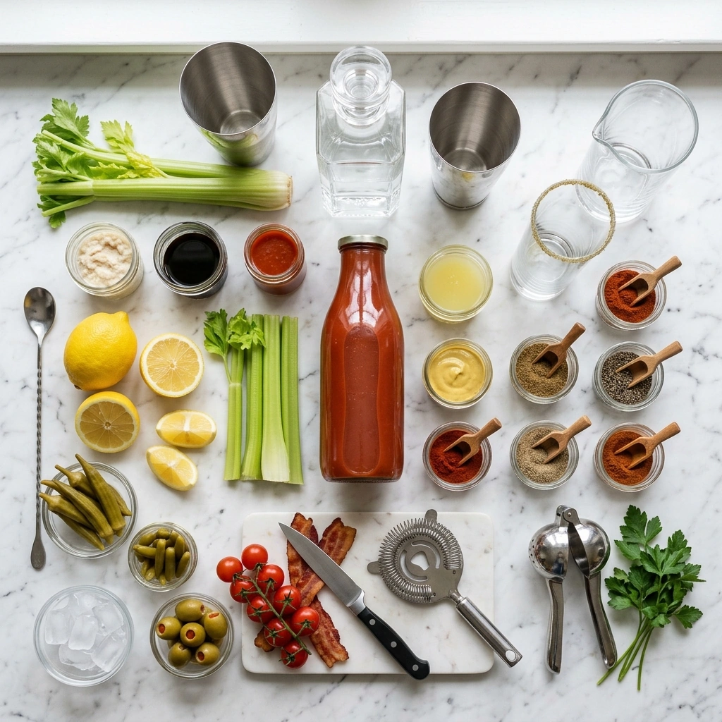 Fresh Bloody Marie ingredients gathered on marble: tomato juice, vodka, lemon, horseradish, Worcestershire, Dijon, hot sauce, celery, and pickled garnishes