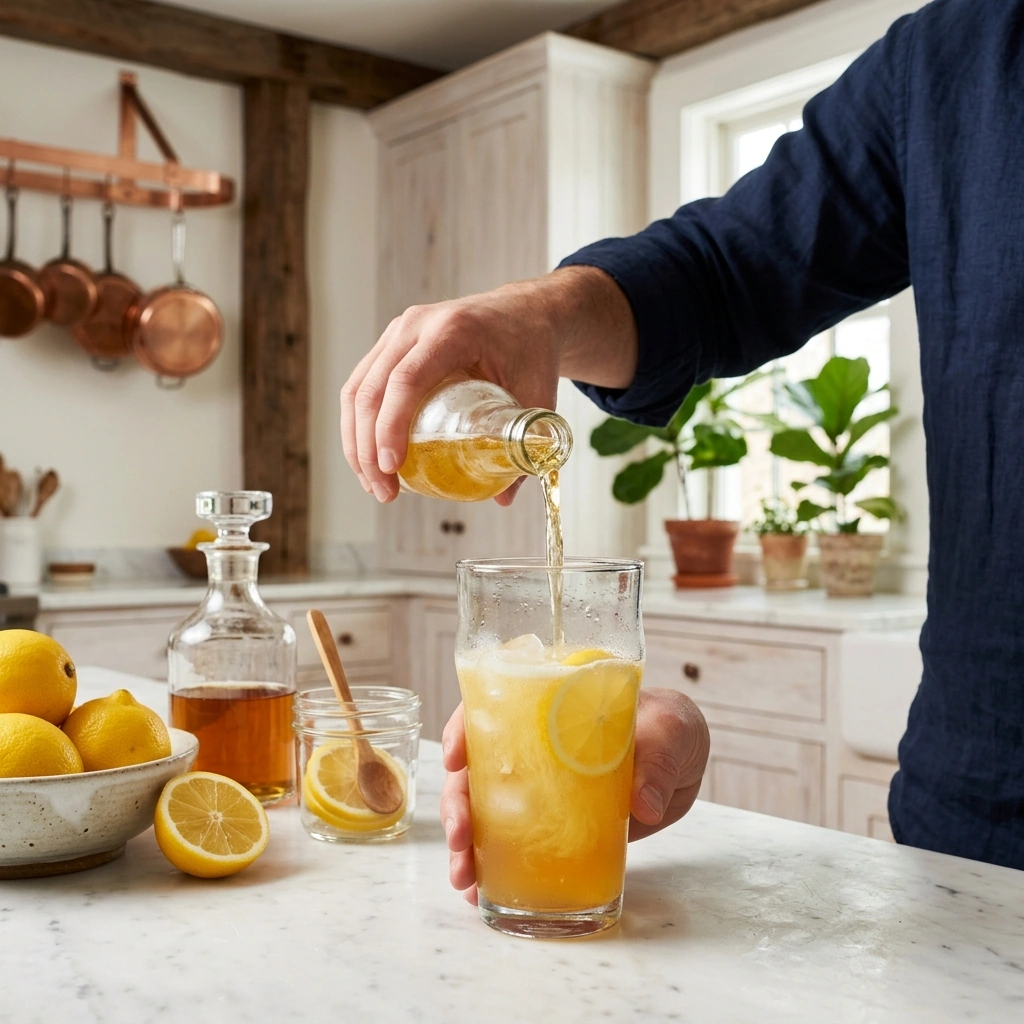 Cold light lager being poured into a pint glass of fresh lemonade over ice, lemon and mint nearby