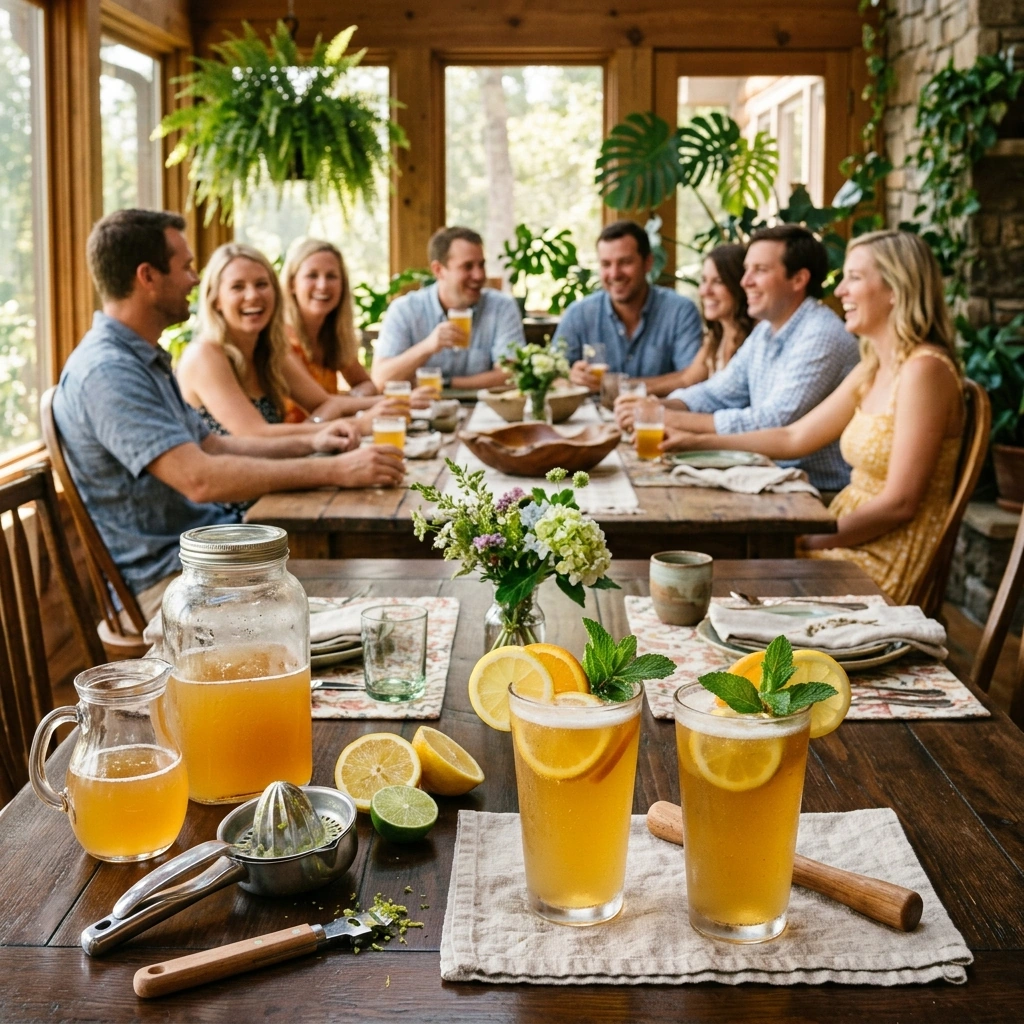 Tailgate shandies in pint glasses with lemon and orange slices on a table set for a game-day gathering