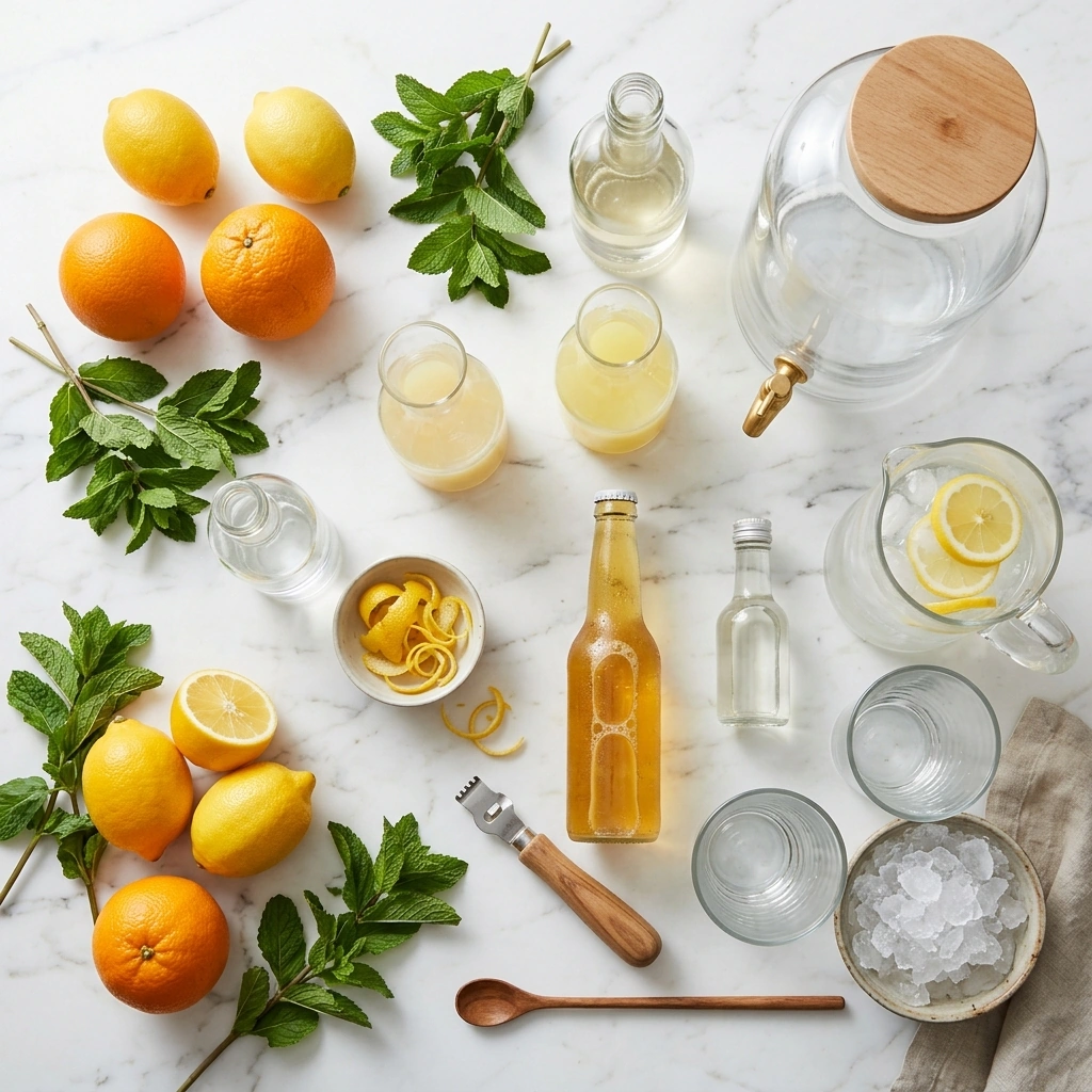 Tailgate Shandy ingredients on marble: fresh lemons, Meyer lemon syrup, light lager, oranges, and mint