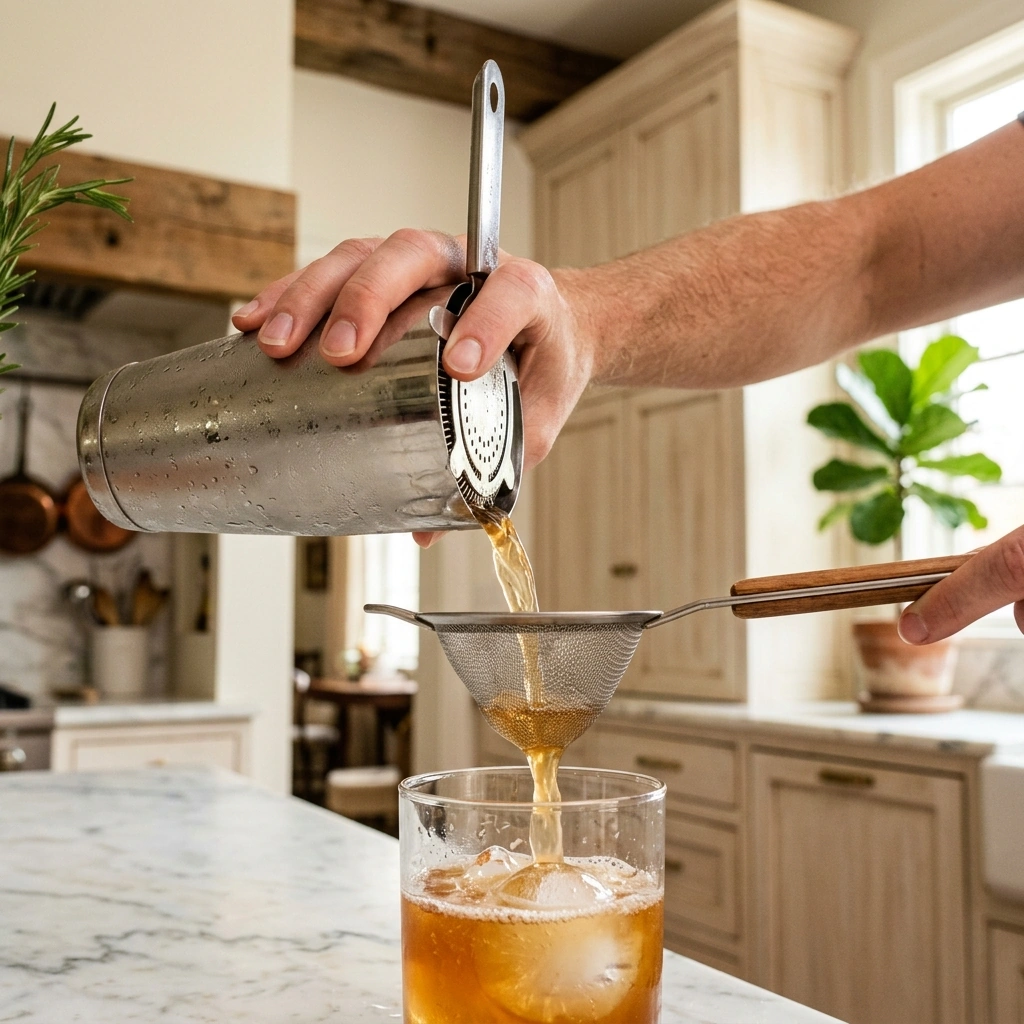 A bourbon and ginger cocktail being strained over fresh ice into a rocks glass, rosemary and lemon nearby
