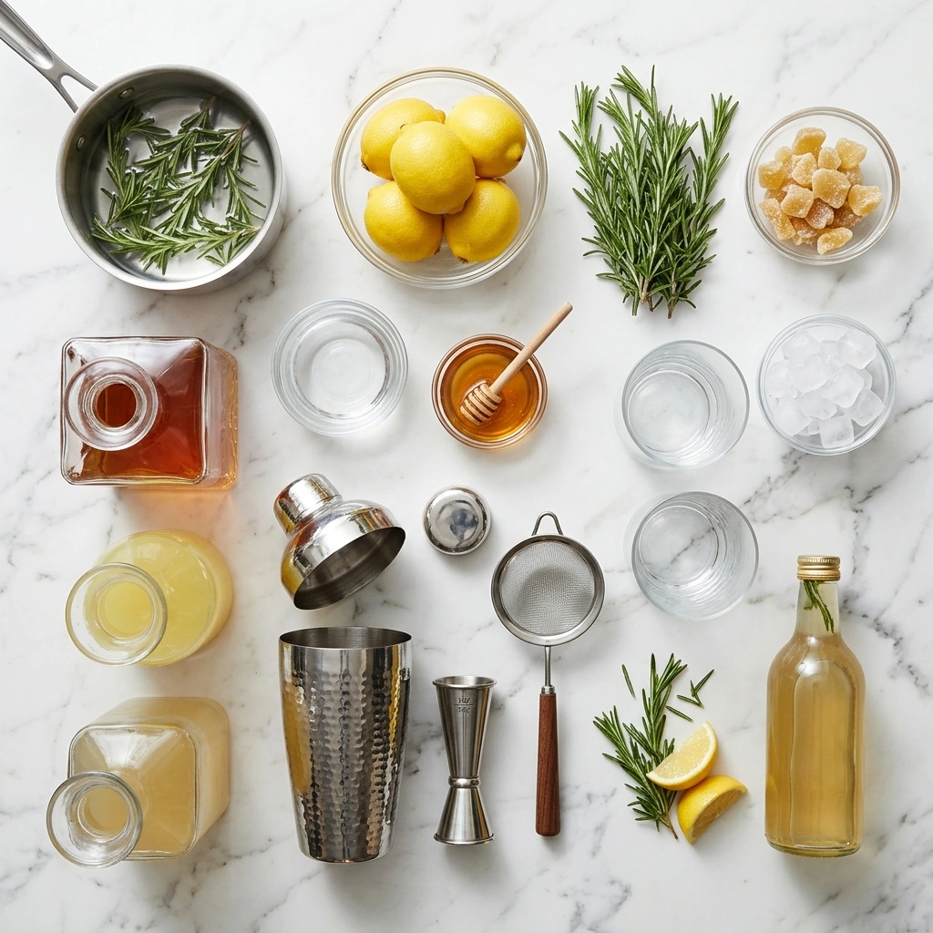 The Lucky Clover ingredients on marble: bourbon, honey, fresh rosemary, lemons, and a bottle of ginger beer
