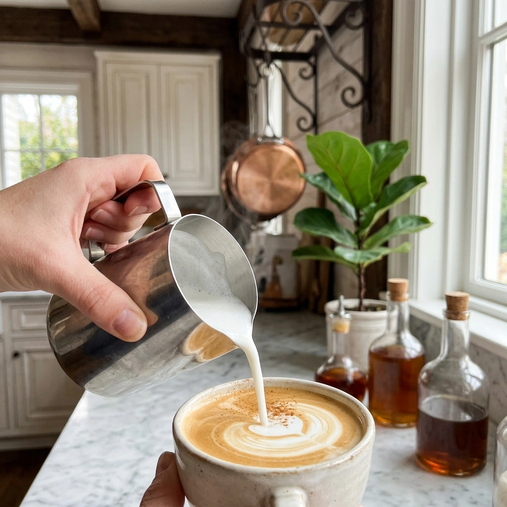 Frothed milk being poured into a cup of espresso at a home coffee bar with syrups and garnishes nearby