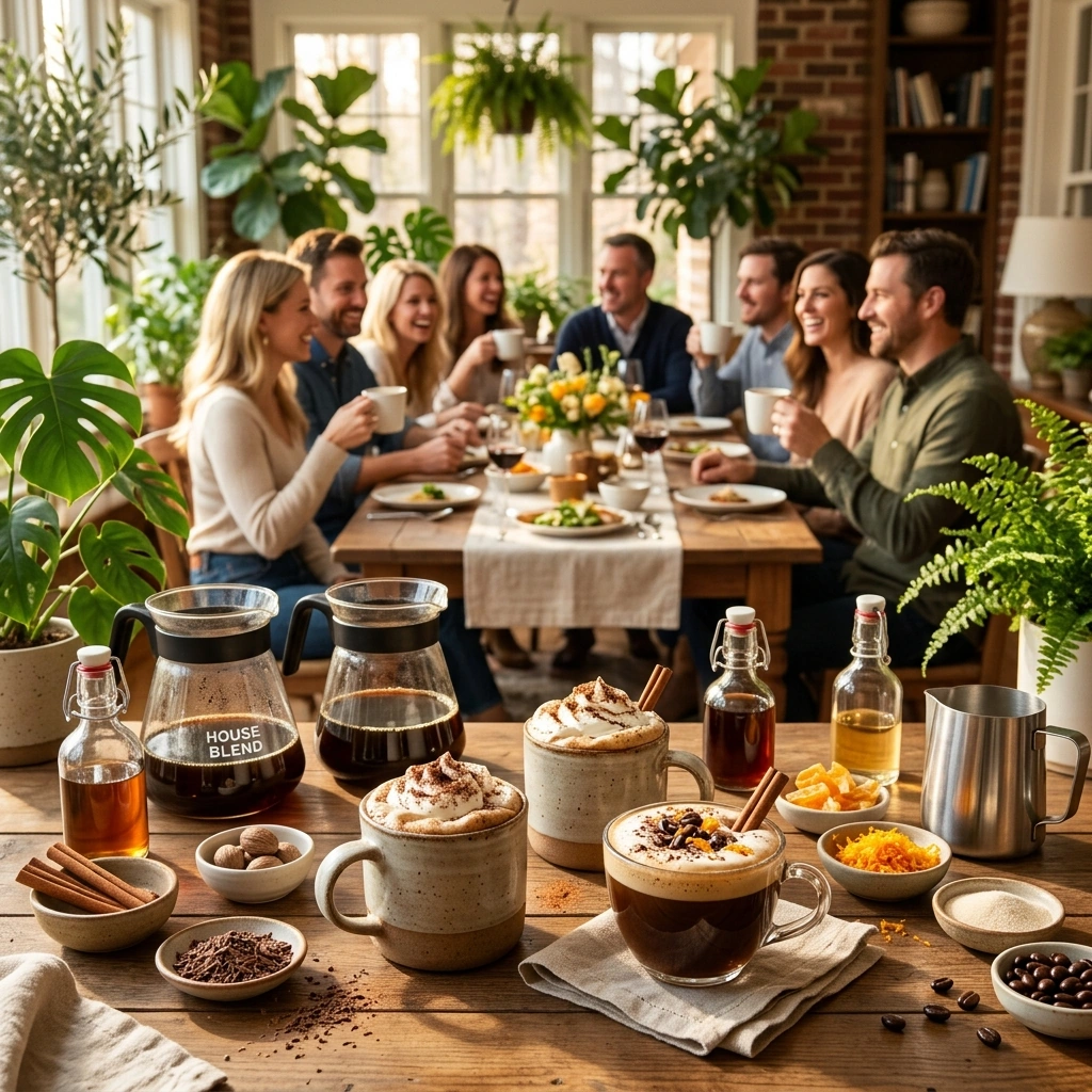 A warm home coffee station with mugs, cinnamon sticks, whipped cream, and flowers on a sunlit morning table