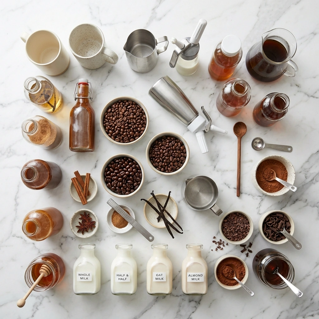 A Sunday coffee bar spread on marble: coffee, syrups in glass bottles, cream pitchers, cinnamon, cocoa, and garnishes