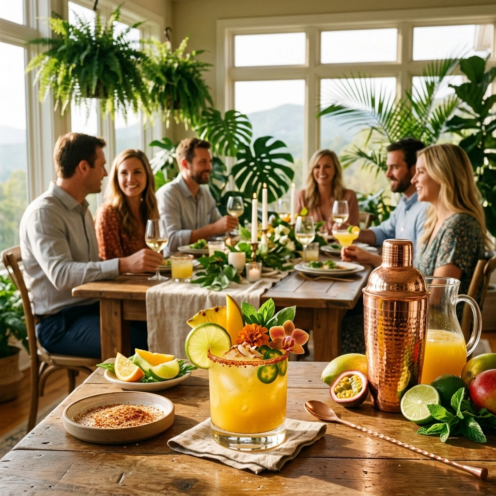 Finished tropical margaritas with colorful rims and fruit garnishes on a sunlit table set for a party