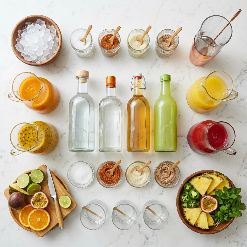 A tropical margarita bar spread on marble: tequila, orange liqueur, fresh limes, agave, and bowls of mango, passion fruit, and pineapple