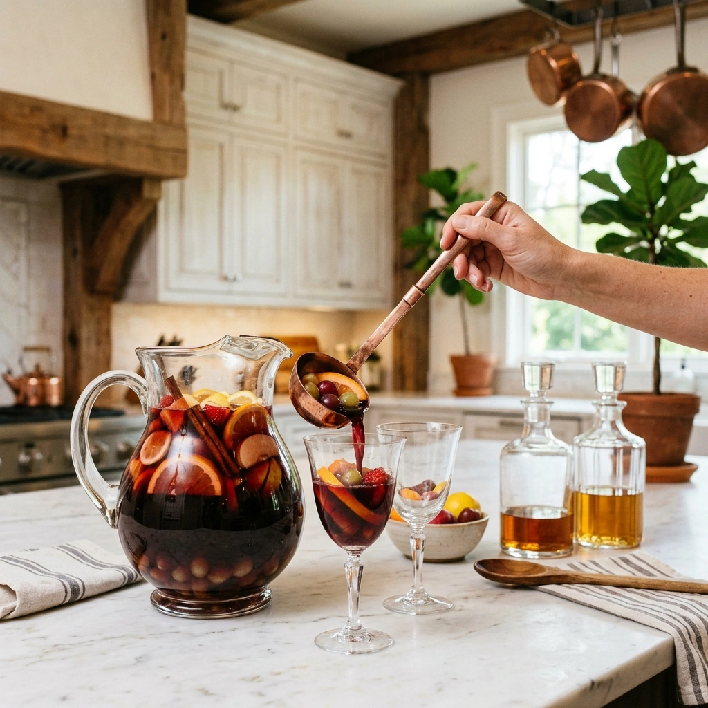 Sangria and wine-soaked fruit being ladled from a glass pitcher into a goblet over ice