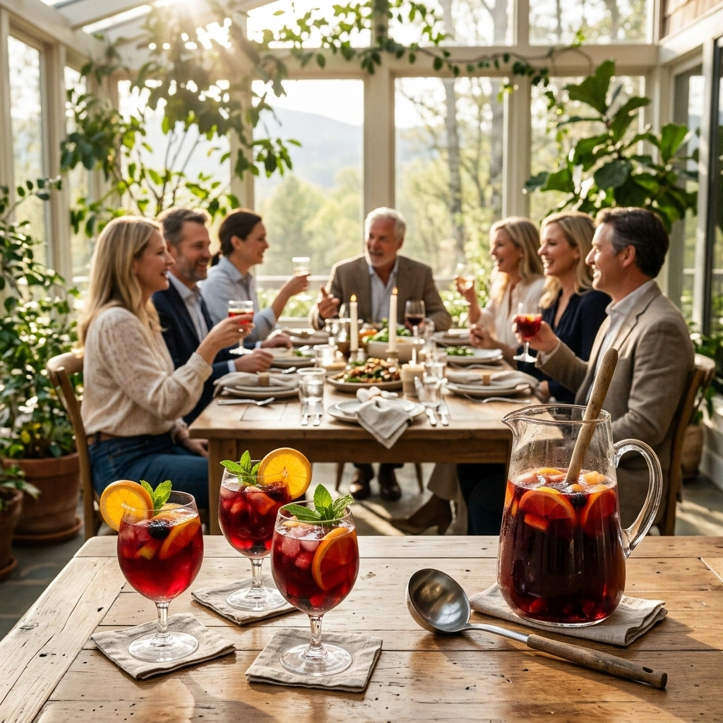 A pitcher and glasses of red sangria full of fresh fruit on a sunlit table set for a weekend gathering