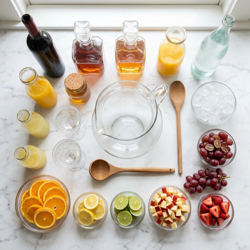 Weekend Sangria ingredients on marble: red wine, brandy, orange liqueur, fresh oranges, lemons, limes, apples, grapes, and strawberries
