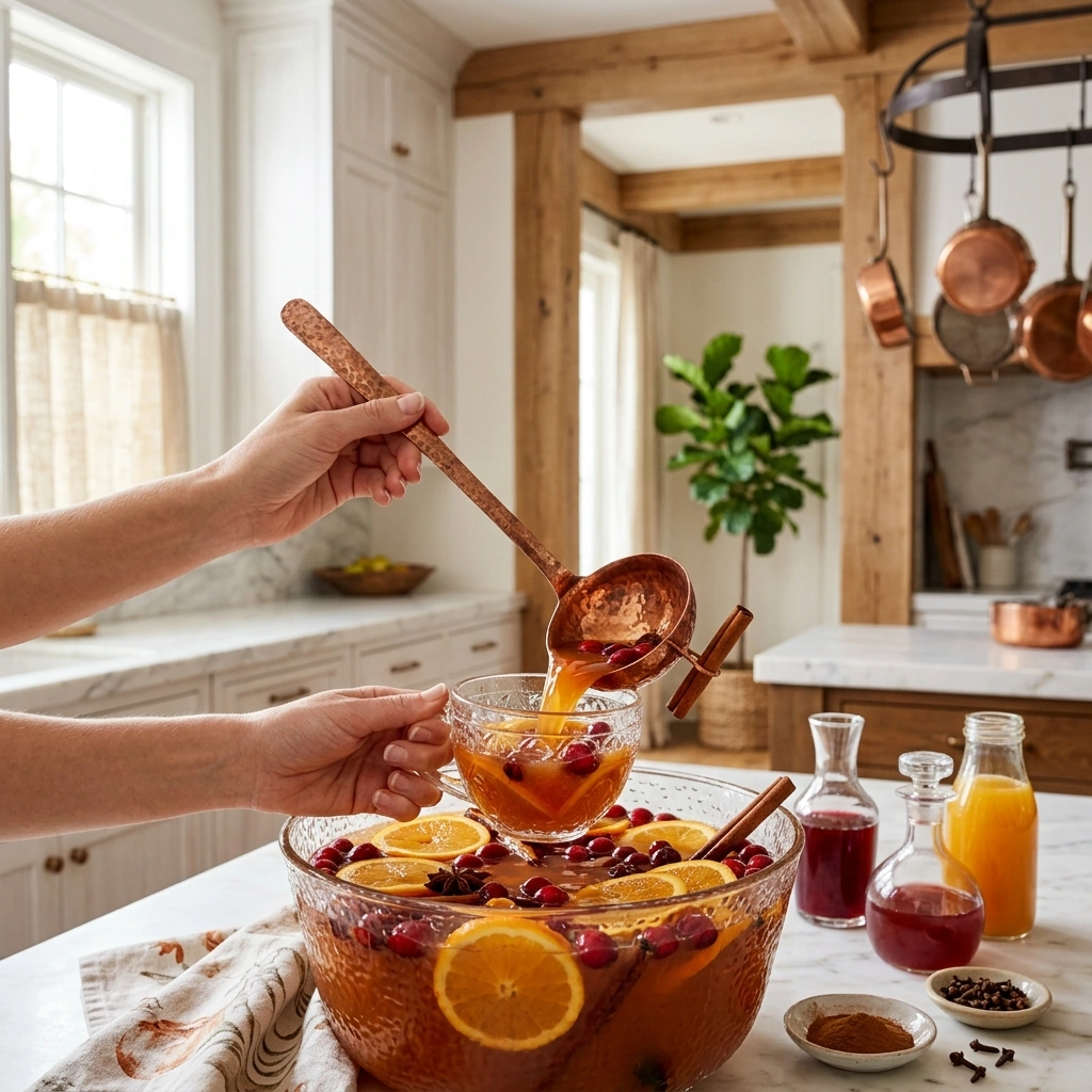 Spiced autumn cider punch being ladled from a glass dispenser into a cup, cinnamon sticks and cranberries floating on top