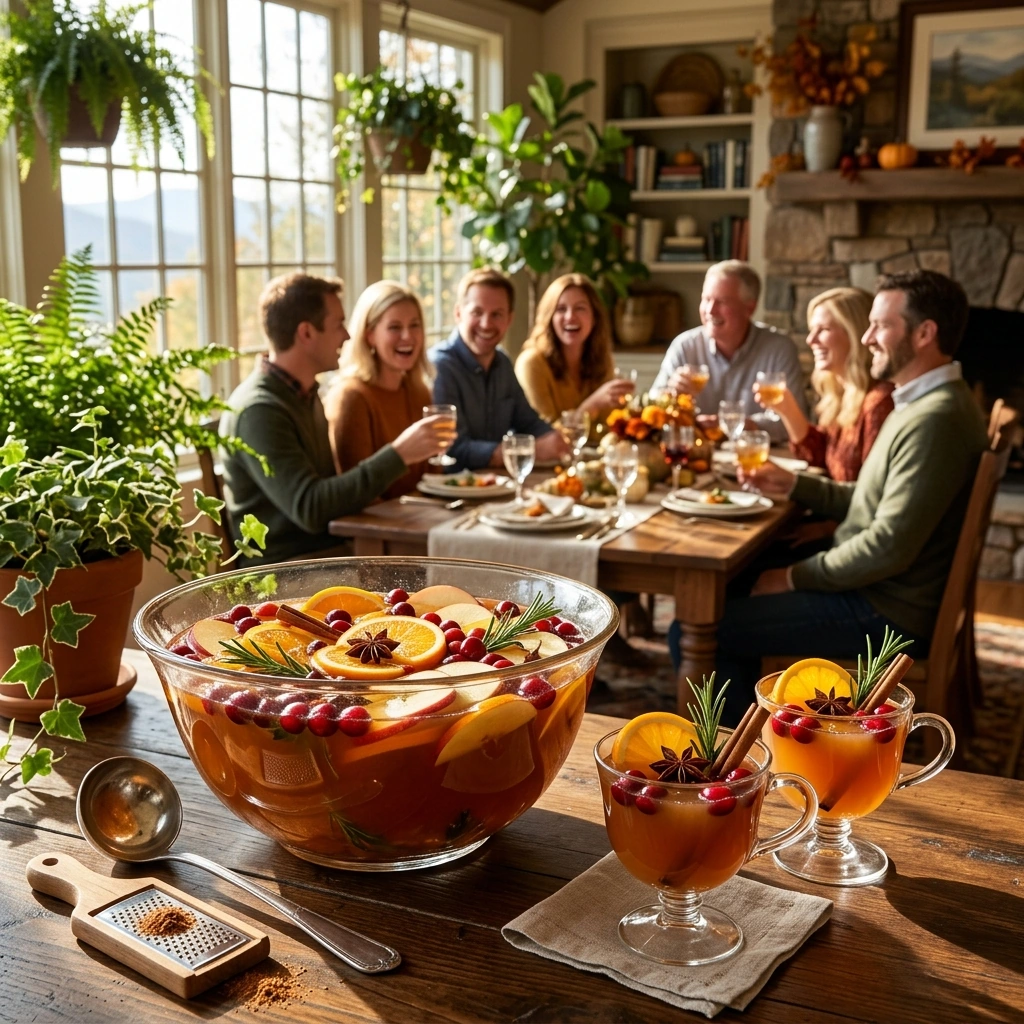 A glass dispenser of spiced cider punch surrounded by pumpkins and candles on a table set for a Halloween open house