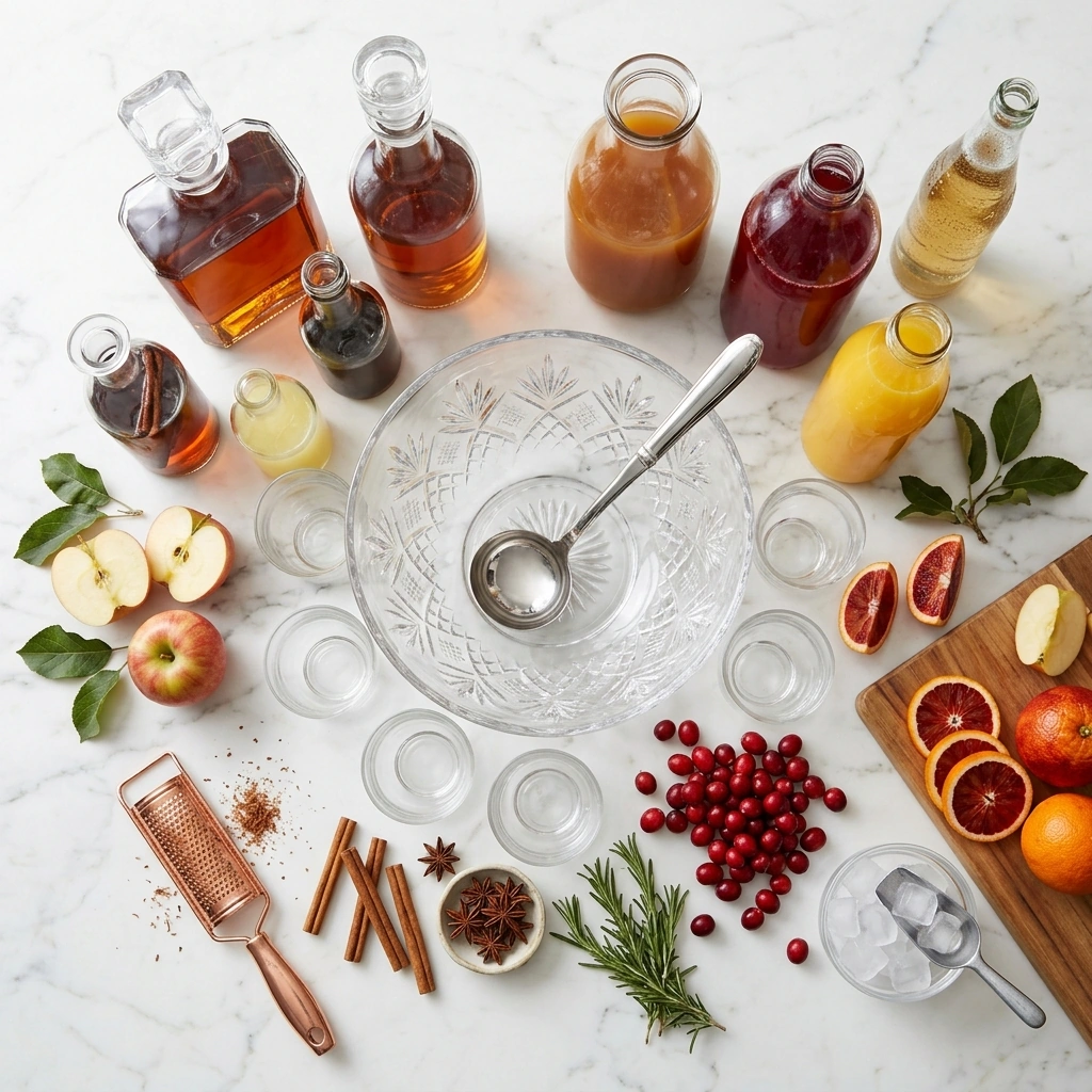 Witch's Harvest Punch ingredients on marble: apple cider, cranberry juice, oranges, apples, cinnamon sticks, cranberries, and rosemary