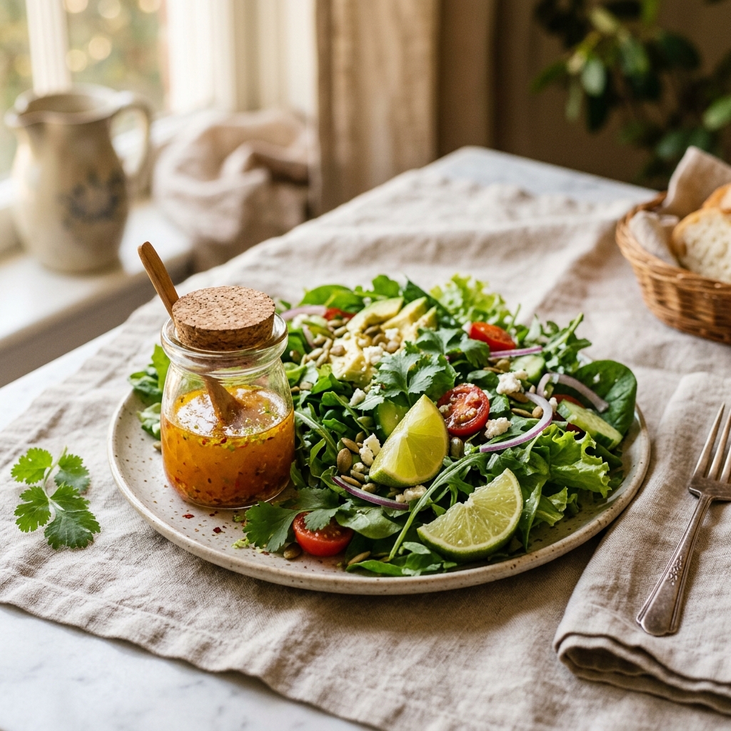 A gorgeous single-view lifestyle photo of Chili-Lime Salad Dressing in a small glass jar beside a vivid green salad with lime wedges.