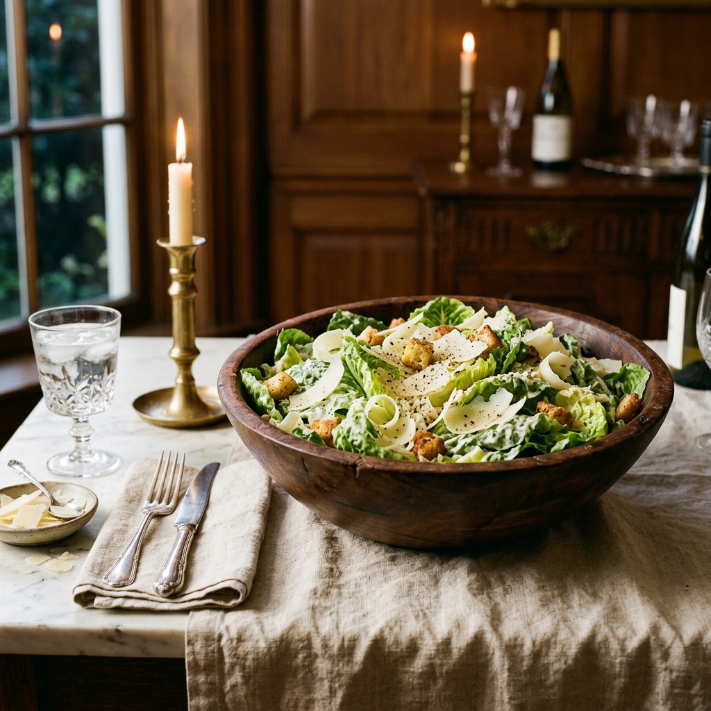 A gorgeous single-view lifestyle photo of a finished Classic Caesar Salad in a wooden bowl with Parmesan shavings and cracked pepper.