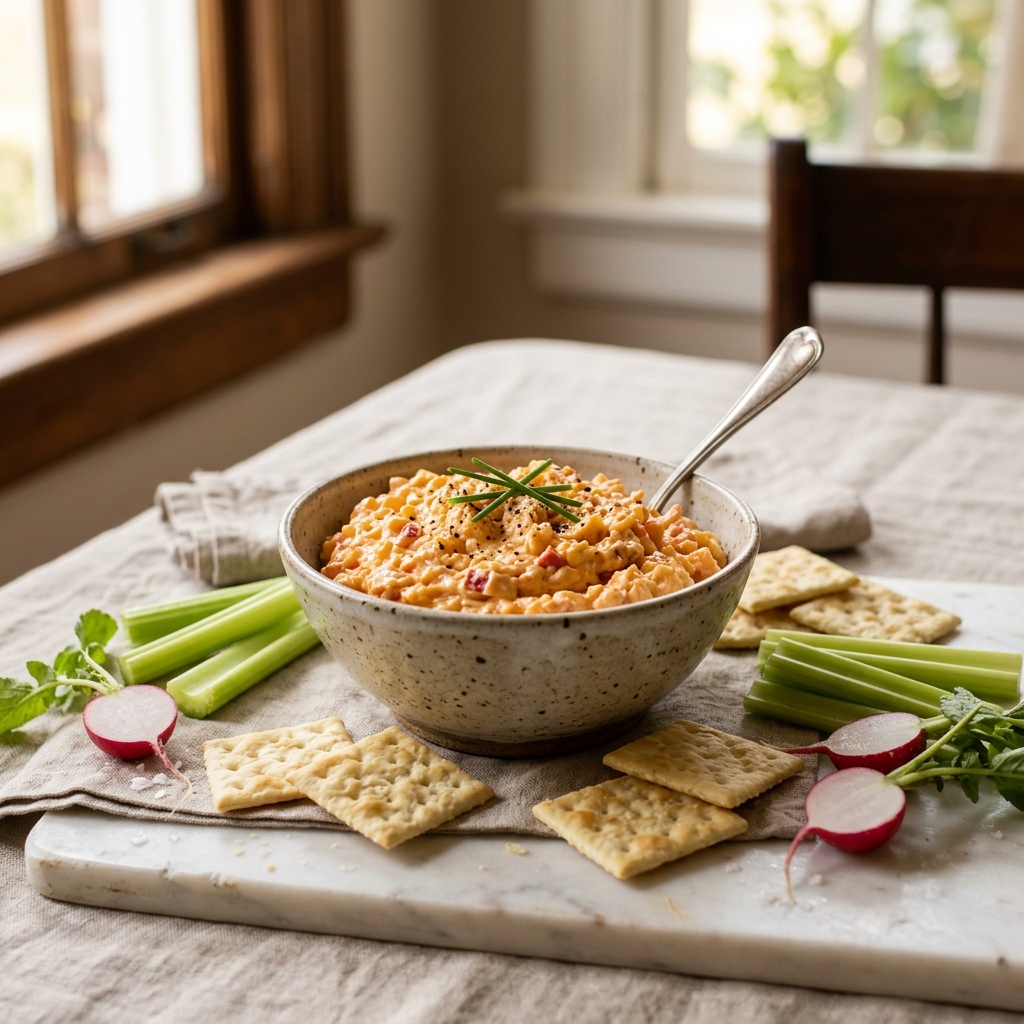 A gorgeous single-view lifestyle photo of a rustic ceramic bowl of freshly made Pimento Cheese with crackers and celery.